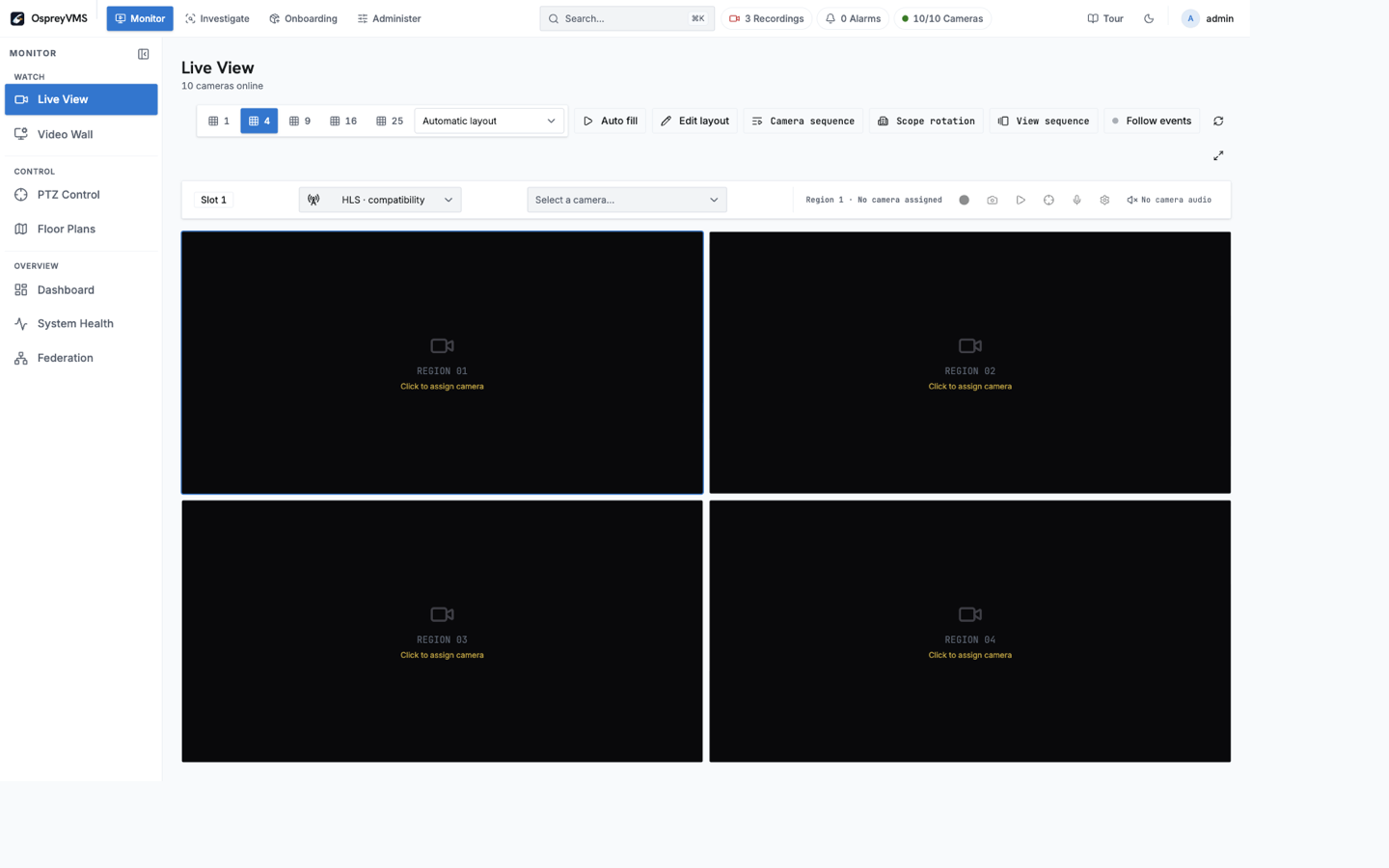 OspreyVMS Live View showing a four-camera operational wall