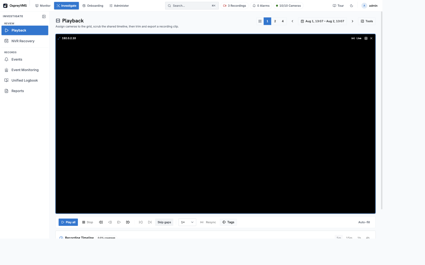 OspreyVMS Playback and investigation workspace